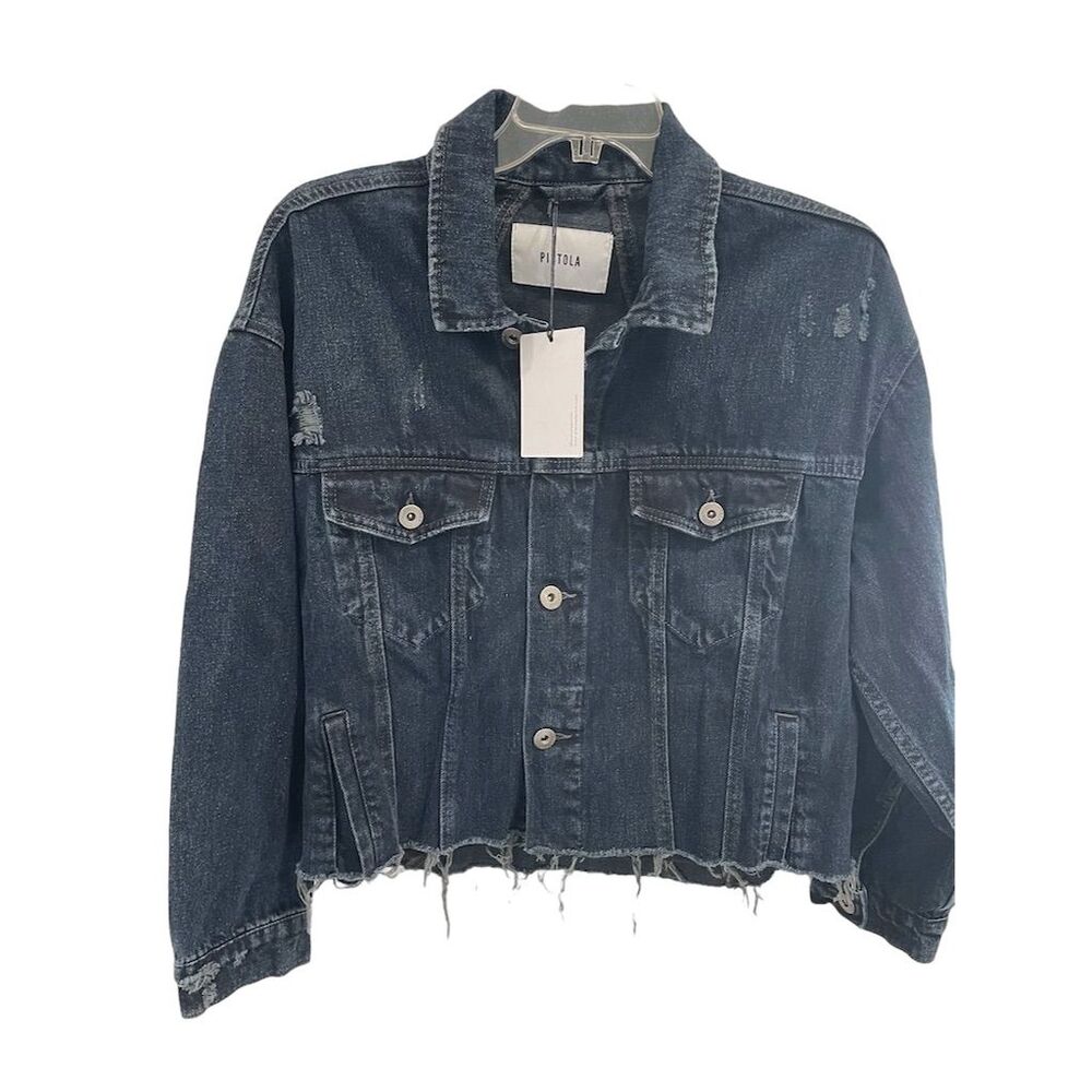 Pistola Women's Cropped Denim Jacket Star M Frayed Hem Button-Front Casual